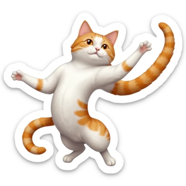 ginger and white cat with orange eyes doing a big extremely long stretch reaching up into the air with arms and legs side by side together straight and overextended whilst lying on its side sticker
