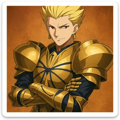 Gilgamesh from Fate anime, golden armor, spiky blond hair, confident expression, anime style sticker