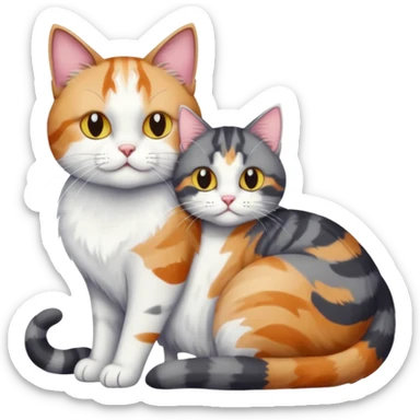 full body colourful light patched calico + white tabby cat cuddling a bigger cat that is dark grey and white tabby cat  and they are in love sticker