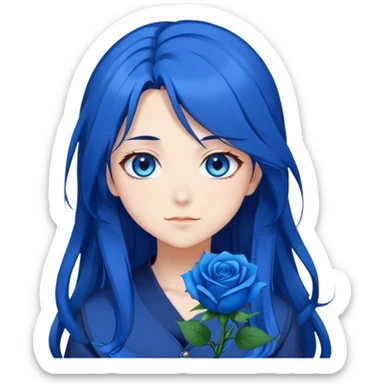anime girl with long dark blue hair, blue rose in hair, bright blue eyes, cute anime face, anime emoji style sticker