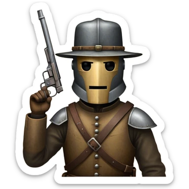 Cinematic Realistic Ned Kelly Portrait Emoji, depicted as the legendary Australian bushranger in his iconic homemade iron helmet and armor, gripping a revolver with a defiant stance. The scene is rendered with gritty textures and dramatic, shadowed lighting, evoking the lawless frontier and his rebellious, fearless legacy. sticker