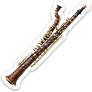 Create a detailed and elegant emoji depicting an oboe. The design should include a thin cylindrical black oboe body with intricate keys visible along its entire length. A small cane, typical for this instrument, should be visible in the upper part. Use rich wood tones with silver or brass inserts on the keys to emphasize the high quality of oboe performance. Add subtle musical notes surrounding the instrument to emphasize its expressive, melodic sound. The background should be transparent. sticker