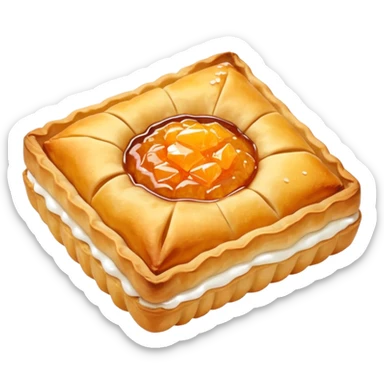 pastelito de batata, open pastry, orange batata jam oozing out, sugar crystals sticker