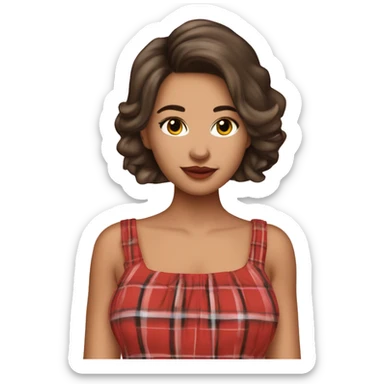 Pretty peach skin brunette woman with rosy cheeks in red plaid babydoll dress sticker