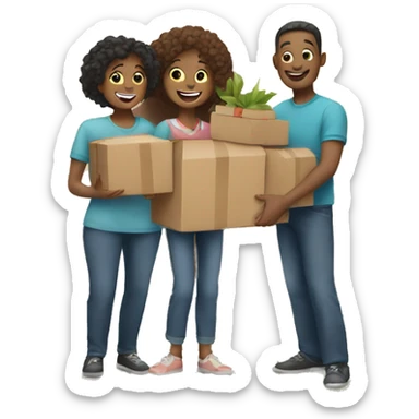 Happy family holding boxes outside of their house  sticker