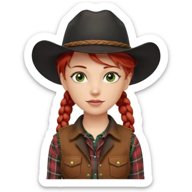 cowgirl with red hair in one braid over shoulder, green eyes, black hat  sticker