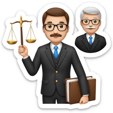 “Create a clean, modern emoji-style illustration of a male lawyer. He is wearing a formal suit jacket. He is holding a judge’s gavel in one hand and has a law book tucked under his arm. He has a mustache and a short beard, and he is wearing glasses. sticker