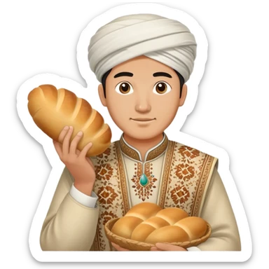 Uzbek man wearing traditional clothing and holding a national bread  sticker