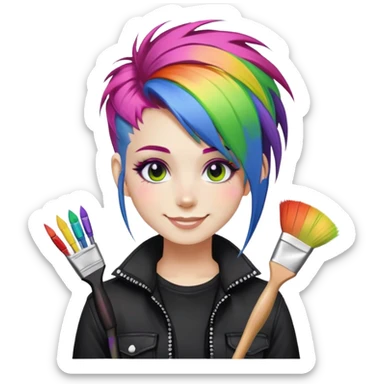 artist-girl with rainbow hair and brushes in black punk-clothing smiling sticker