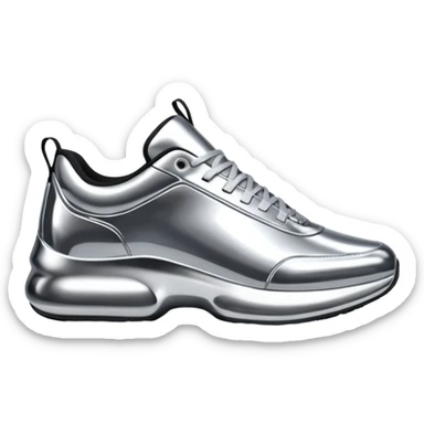 A pair of futuristic sneakers emoji made of silver chrome, sleek streetwear design, smooth metallic panels, subtle reflections, luxury swag aesthetic, iOS emoji style, centered, clean white background sticker