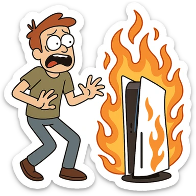 PlayStation 5 console with flames, cartoon style, dynamic and energetic sticker