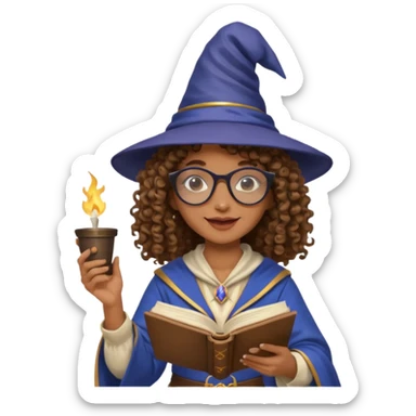 A Joyful Adult Female with Brown skin and Curly hair, wearing a Traditional outfit, a Wizard hat, Sunglasses, carrying a Spellbook, working as a farmer, while drinking Coffee and reading a Textbook. sticker