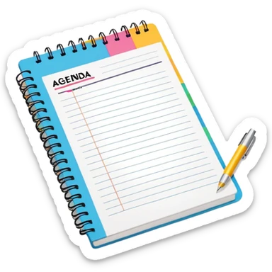A colorful spiral notebook with 'AGENDA' at the top and bullet point items below it sticker