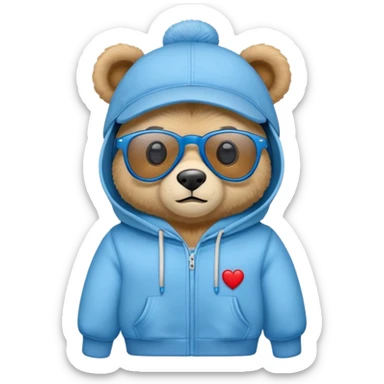 oso de peluche con sudadera azul, gorra roja, lentes  sticker