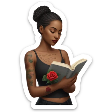 Hyper Realistic beautiful woman model with a small rose tattoo reading a book  sticker