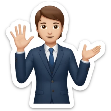 Mach mir einen Tyoen mit braunen haaren und im anzug der männlich ist der mit seiner linken hand zur seite zeigt sticker