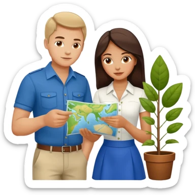 Russian man and elegant Latina girl in cute outfits with a map planning plants sticker