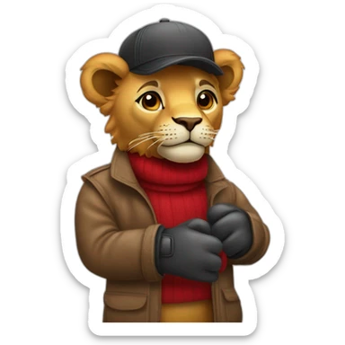 León con guantes de box y abrigo rojo con lana en el cuello  sticker