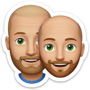 Shaved head man with dark blonde beard and blue eyes with mouth closed smile with brown haired woman with green eyes sticker