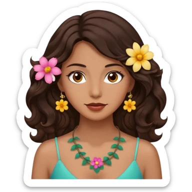 Uma mulher dos cabelos ondulados marrons escuros  com um colar de flor e olhos castanhos  sticker