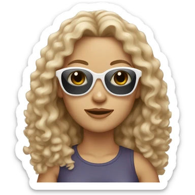 white woman with a slight tan, long curly hair and sunglasses holding a cat sticker