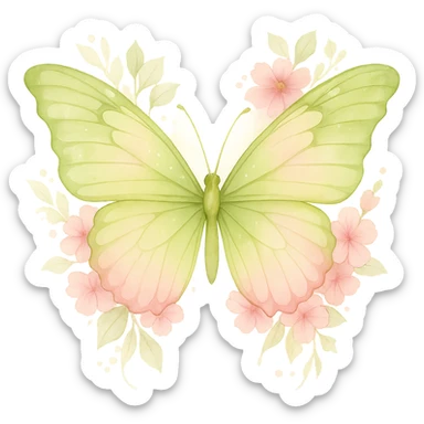 Create a one-to-one butterfly as in the example image, but with main colors green #c0ff53 and pink. Include all flowers and details exactly as in the example. Use watercolor art style. Remove the background. sticker