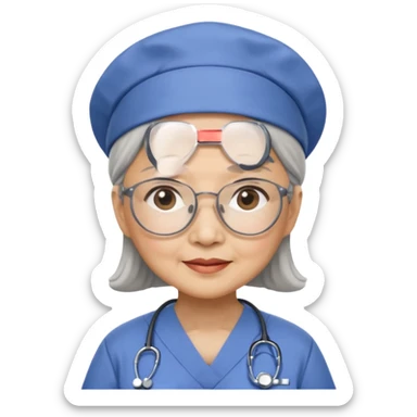 OLD ASIAN WOMAN WITH GLASSES, NURSE SCRUBS, CAP sticker
