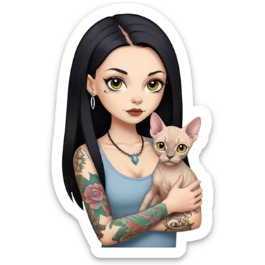 white girl with long black  straight hair and tattoos and  a Devon rex sticker