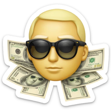 yellow head emoji with dollar bills for eyes, wearing slightly transparent black sunglasses, money symbols on face sticker