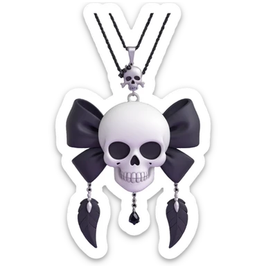 3D emoji gothic bow, white satin, silver skull charm, black feather accents, black gemstone, black chain fringe sticker