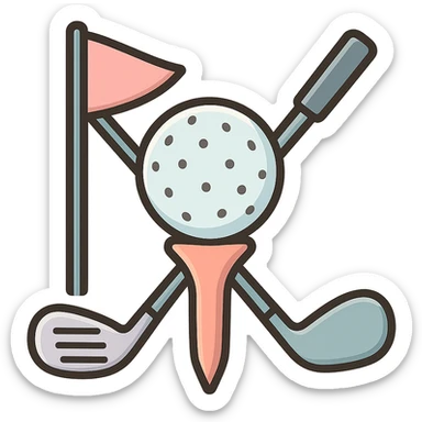 golf ball on a tee with flag and club crossed behind, icon-color-outlined style, detailed shading, thin clean outlines, soft rounded features, pastel palette #98B5BC #B5B3C1 #C9A3C9 #E4C0CA #F7DCD1 #F7C0AA, Japanese pop art, sticker look, highly detailed, vector clarity, soft lighting, subtle shadows, transparent background sticker
