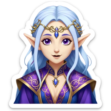 Cinematic Realistic WoW Elf Mage Portrait, head tilted dramatically with an exaggeratedly amused expression, blending timeless arcane wisdom with a touch of unexpected playfulness. Her luminous, porcelain-like skin and delicate features, complemented by an intricately detailed robe in deep blues and purples with golden filigree, are rendered with lifelike texture and dynamic magical lighting, high shine, dramatic yet whimsical, capturing the essence of an elven mage whose epic mastery is tinged with charming irreverence. sticker