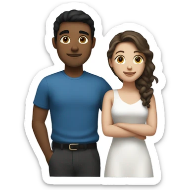 Couple hugging. man with light brown skin and black hair. short white woman with brown hair and blue eyes  sticker