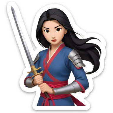 Cinematic Realistic Mulan Portrait, depicted with lifelike skin texture, soft natural lighting, and intricately detailed long black hair styled elegantly. Her deep, expressive eyes exude determination and grace, complemented by a serene yet confident expression. She stands with one hand resting on the hilt of her sword, the other by her side, exuding strength and poise. She is dressed in her classic attire, with rich fabric textures and delicate folds that catch the light beautifully. The portrait features a soft, enchanting glow with a natural, radiant finish, capturing the essence of timeless strength and beauty in a realistic and painterly style, evoking a sense of depth and authenticity. sticker