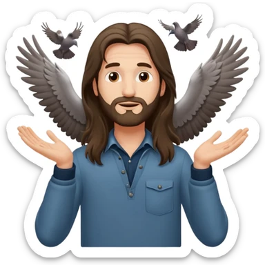 long haired man open arms looking at a flying pigeon sticker