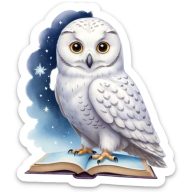 A hand-drawn fantasy illustration of Hedwig, Harry Potter’s snowy owl, with soft watercolor style, gentle pastel tones, magical sparkles in the air, cozy wizarding atmosphere, storybook illustration, high detail, whimsical and warm mood. sticker