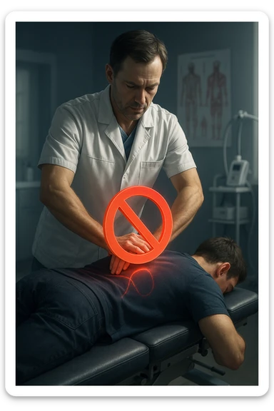 cinematic vertical illustration in a modern osteopathic clinic, European male osteopath in his 40s with light skin and short brown hair wearing a fitted white medical coat standing beside a professional treatment table performing high-velocity spinal manipulation on a patient lying prone, large glowing red prohibition symbol hovering over patient's back indicating technique not suitable for postural asymmetry, softly blurred background with anatomical charts and medical equipment, dramatic directional lighting highlighting the action, cool clinical color palette, subtle vignette for focus, scene like a frame from a medical drama with tension and caution sticker