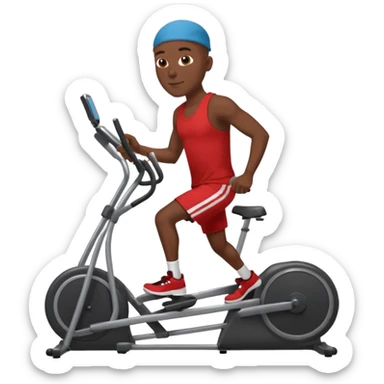 dark skin bald African American man on elliptical machine with red tank shirt and black shorts sticker