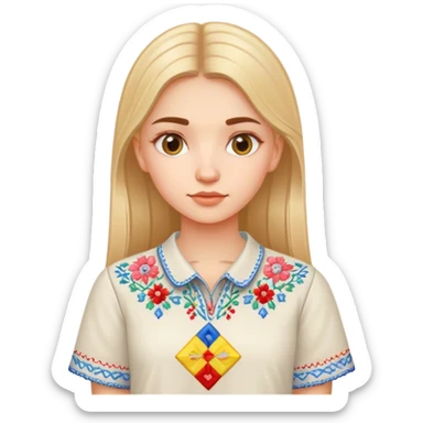 A Ukrainian girl in an embroidered shirt holds a diagram sticker