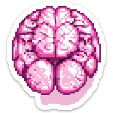 Change this 3D melting brain icon to pink color, keep it fully front facing with pixel art accents and shiny look, background transparent. sticker