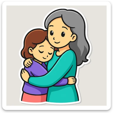 Change colors: girl with brown hair and purple t-shirt, mother with gray hair and aqua green dress, in sticker style. sticker