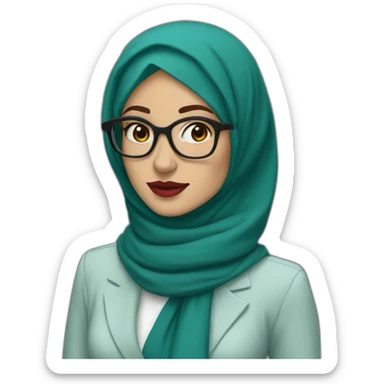 Hijabi white woman with glasses and brown eyes wearing a teal suit red lipstick sticker