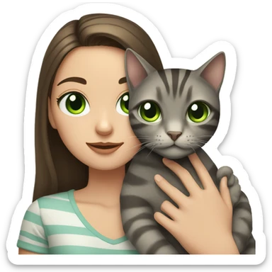 Brunette girl with green eyes, holds a gray, striped, brown-eyed cat in her arms sticker
