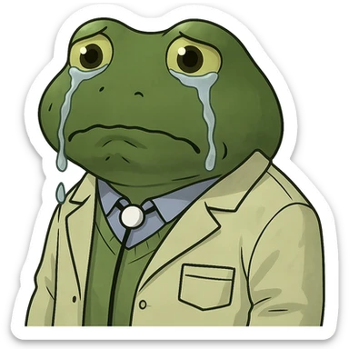 Add visible tears to the bufo frog doctor wearing a doctor's coat, with an extremely sad expression facing forward, no background. Keep the bufo frog style and emphasize the tears and sadness in the eyes clearly. sticker
