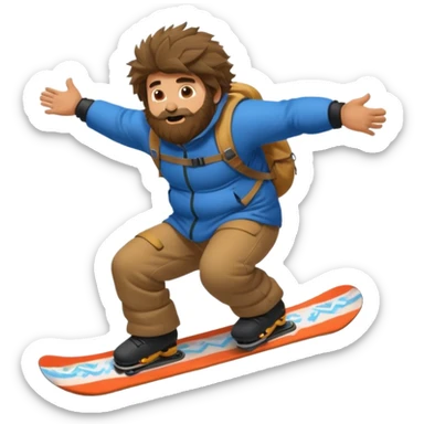 big round super harry guy snowbording down mountain haryyer more hair on his bcak and face sticker