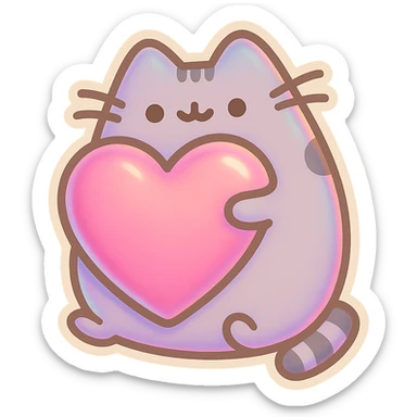 Pusheen hugging a big heart, pastel colors, adorable, retro stickers style sticker