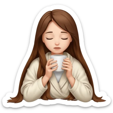 girl inside a offwhite blanket holding a coffee mug eyes closed, looking sad sticker