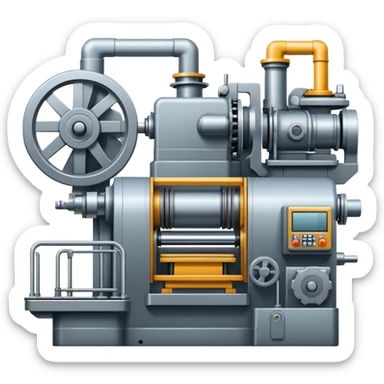 An icon featuring a giant machine tool in a factory, manufacturing machines. The design includes gears, mechanical parts, and a production line, representing the art of mechanical engineering and industrial design. Transparent background highlights precision engineering and manufacturing processes. sticker
