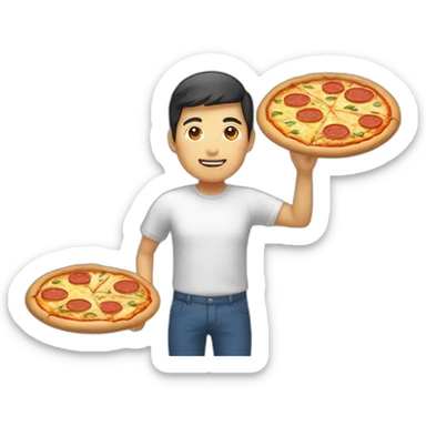 Asiatique qui mange une pizza avec des baguettes  sticker