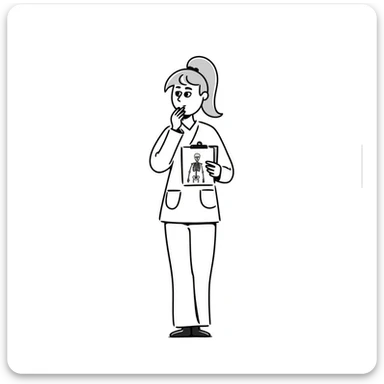 blonde female physical therapist with ponytail, thoughtful expression, wearing scrubs sticker